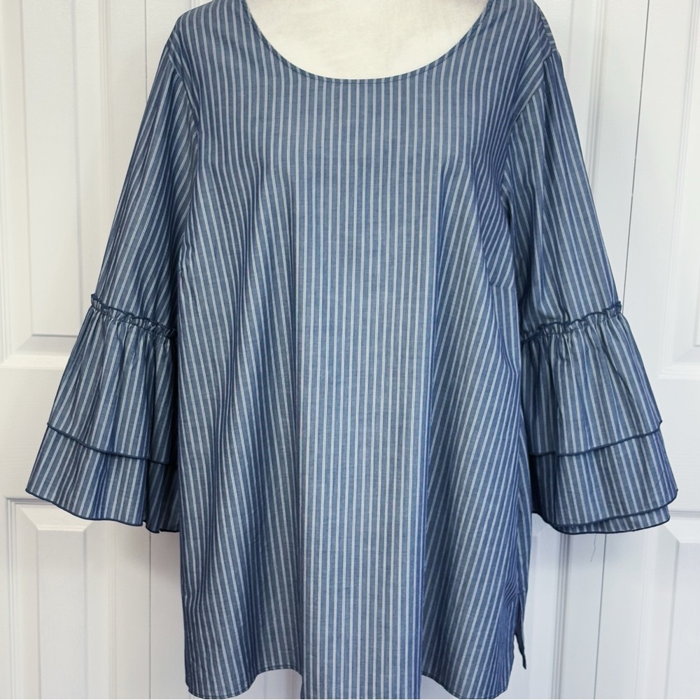 NWT Jane and Delancey Blue Pinstripe Tiered Ruffle Sleeve Blouse 2X